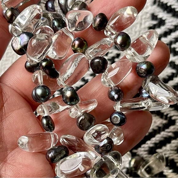 Rock Crystal Gemstones Black Rainbow Freshwater Pearls Two Strand 17"  Necklace - Picture 5 of 13
